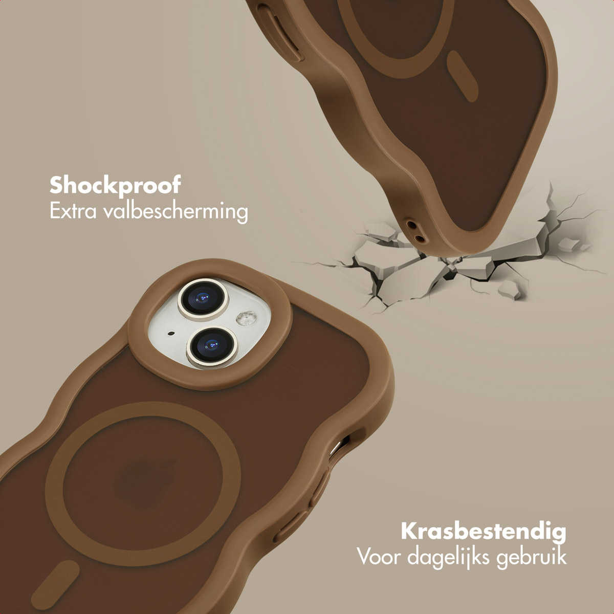 Two brown phone cases with a cream border. One case is falling, and the other is on the ground. Cracks appear on the background.