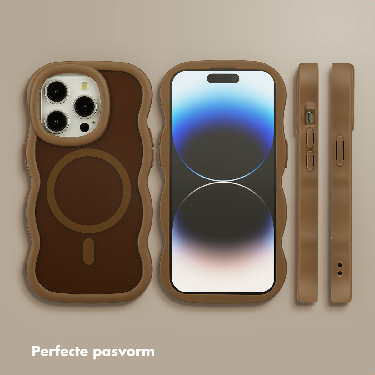 Ensemble de coques de téléphone marron montrant les vues avant, latérale et arrière. Les coques ont des bords ondulés et sont sur un fond beige.