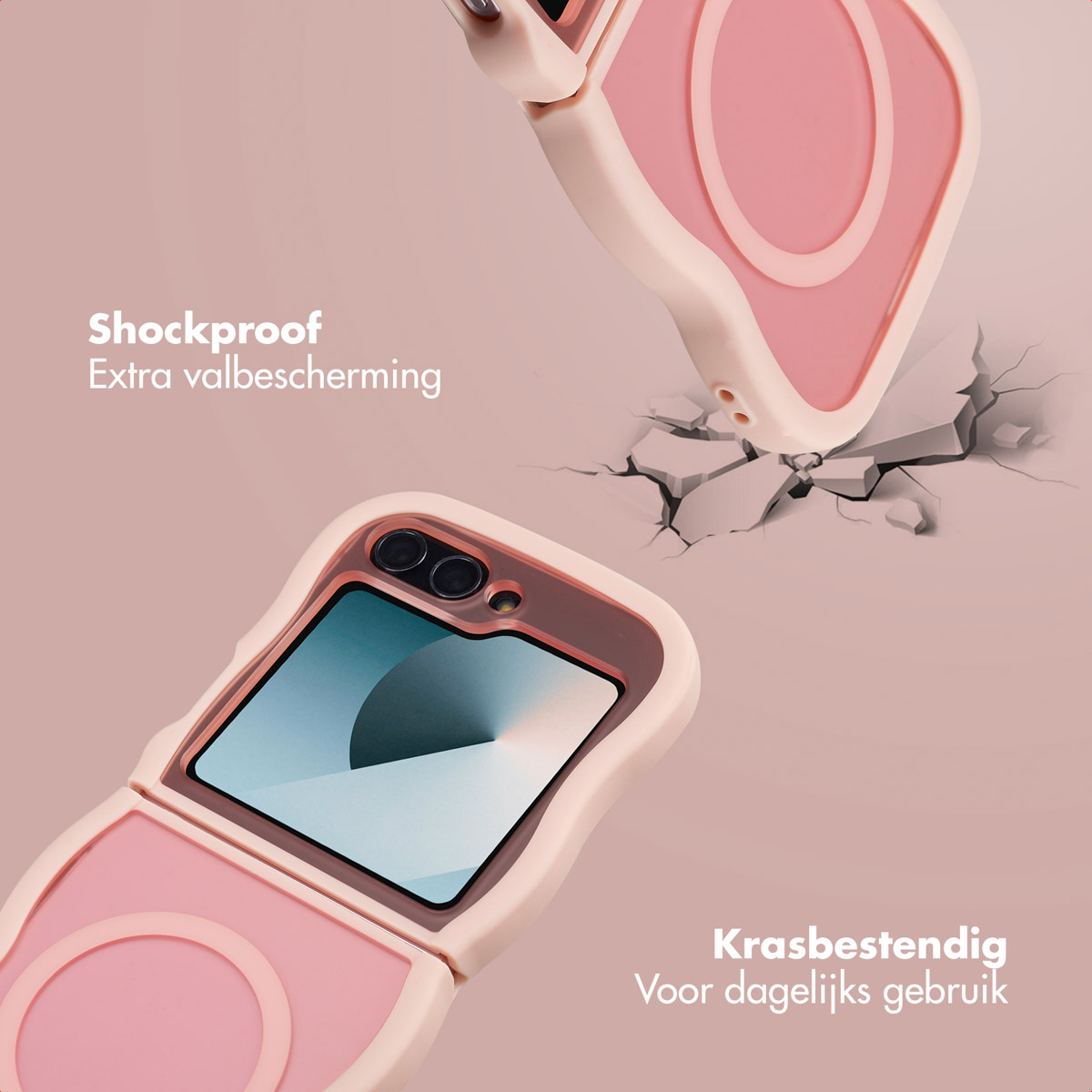 Un étui de téléphone rose en deux parties, avec une surface fissurée en dessous. Le texte indique la résistance aux chocs et aux rayures.
