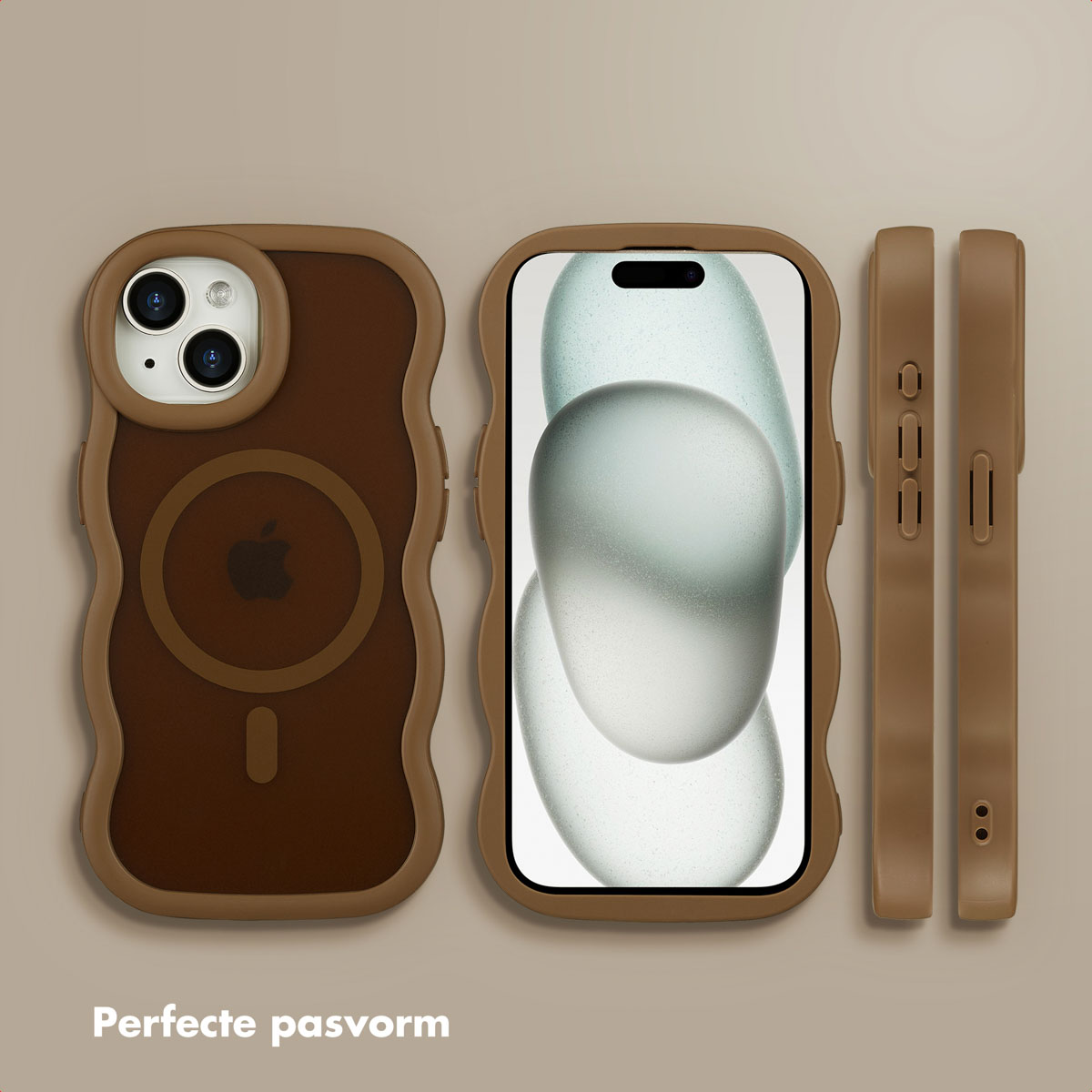 Three brown phone cases. One shows the back with the Apple logo, one the front screen, and one the side with buttons. Background is beige.