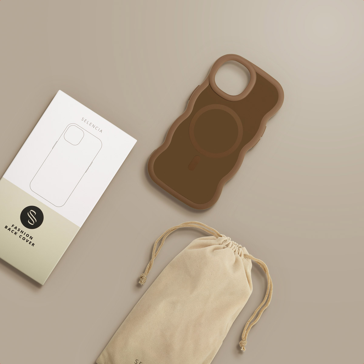 Brown phone case, white box with phone outline, beige bag with drawstring on a neutral background.