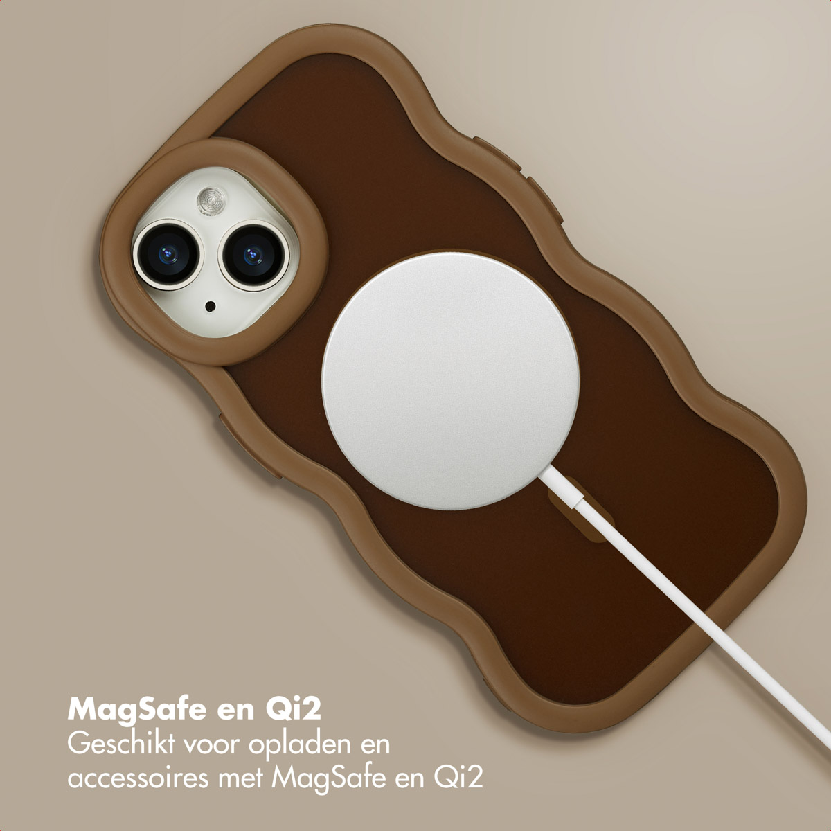 A brown phone case with a white charger. The case is connected to a white circular charger, all on a beige background.