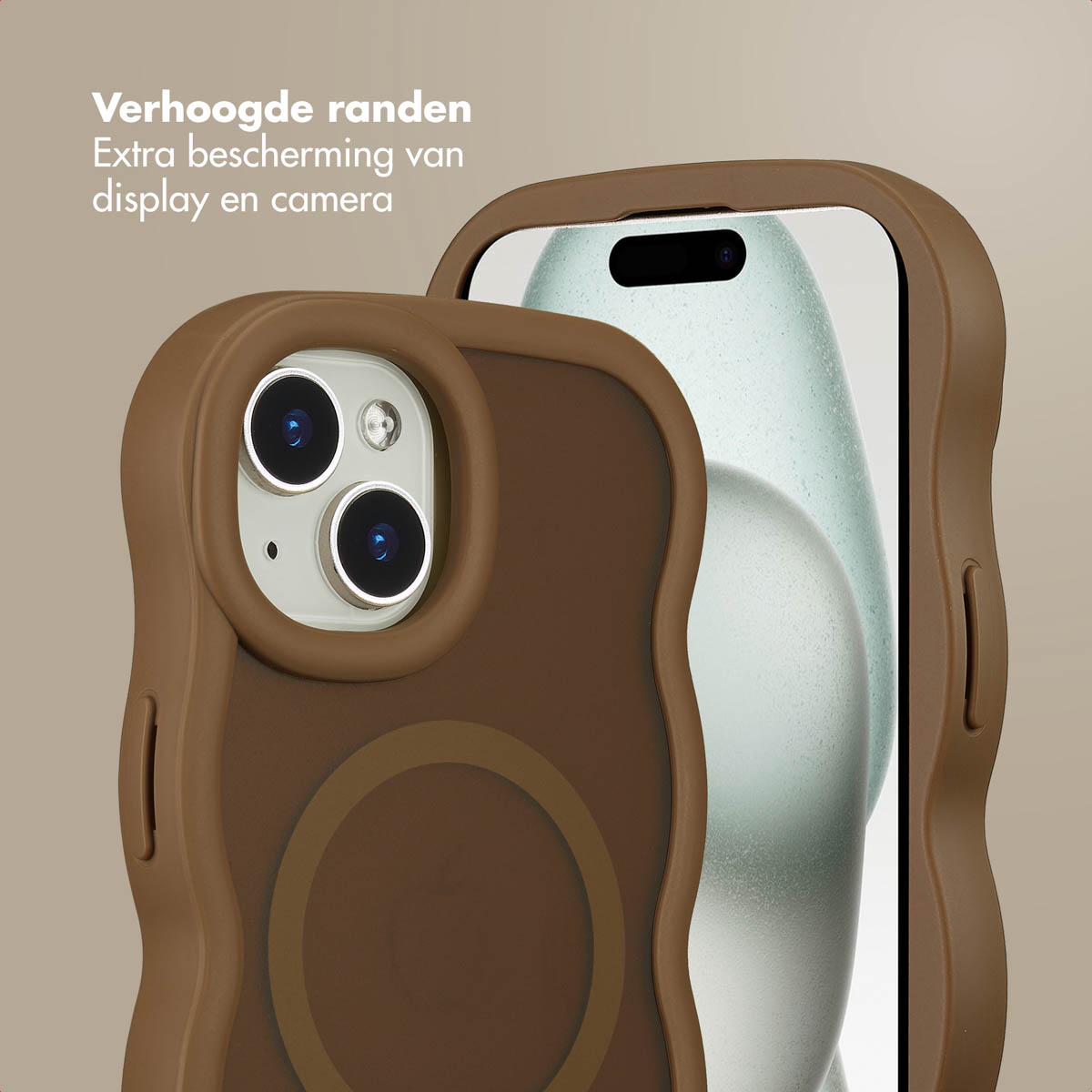 Two brown phone cases protecting a smartphone. The cases have raised edges and protect the screen and camera.