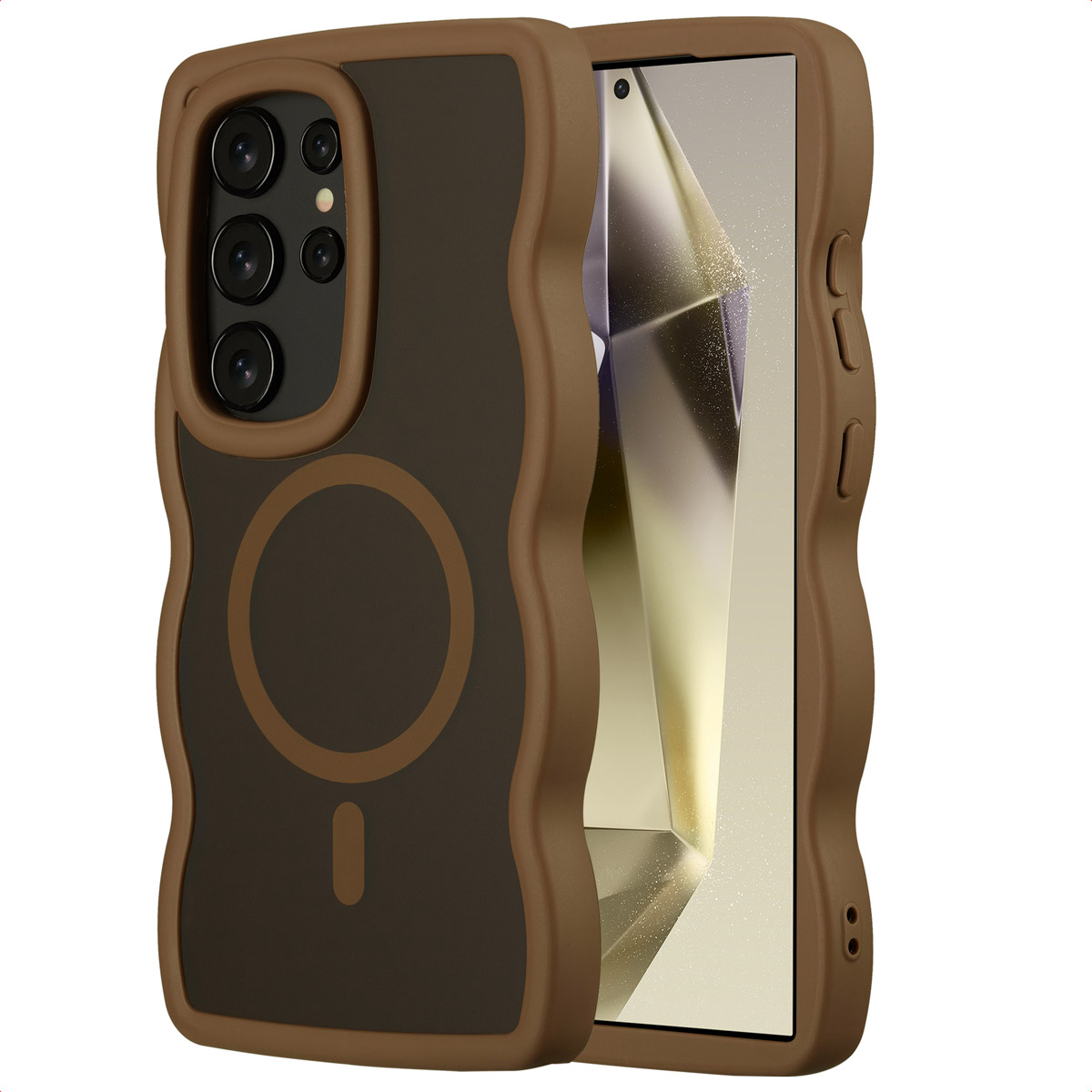 Een bruine telefoonhoes met een golvend ontwerp. De hoes heeft een donkerbruin midden met een cirkelvormig en rechthoekig ontwerp.