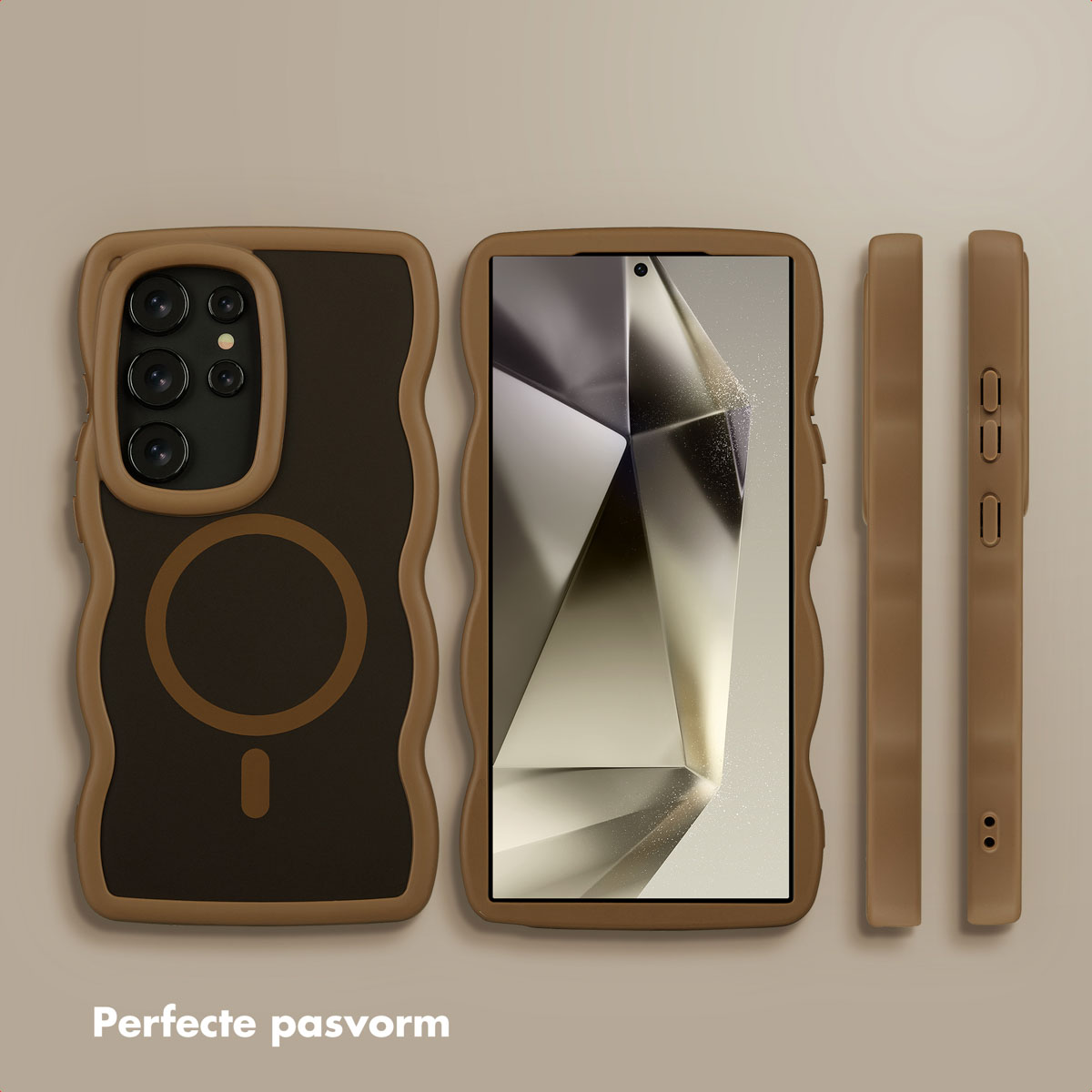 Drie telefoonhoesjes. Eén met een telefoon erin en twee hoesjes ernaast. Bruine en zwarte kleuren. Magnetische cirkel en meerdere camera's zijn zichtbaar.