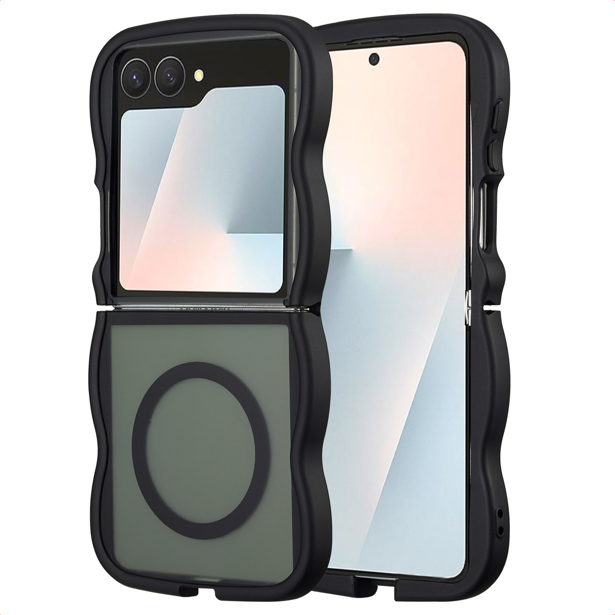 Zwarte telefoonhoes voor een opvouwbare telefoon. Het heeft een camera-uitsparing, een scherm en een cirkelvormig ontwerp.