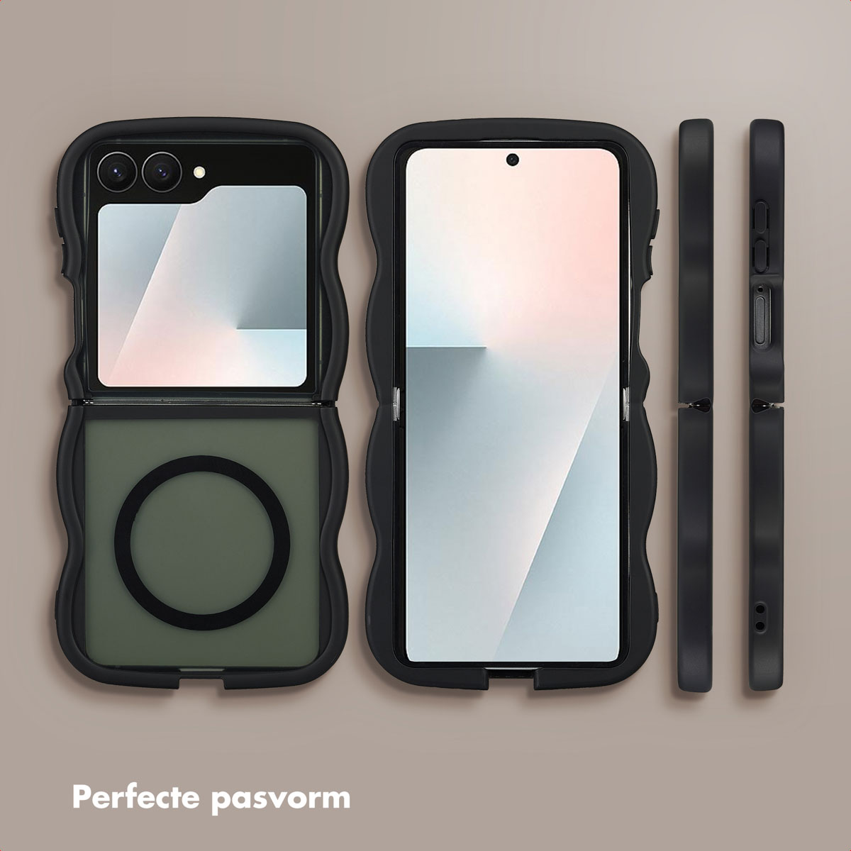 Zwarte telefoonhoes met een opvouwbaar ontwerp. De hoes wordt open en dicht getoond, samen met de zijaanzicht. De achtergrond is beige.
