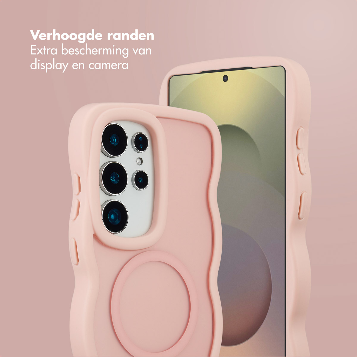 Deux coques de téléphone roses avec un téléphone à l'intérieur sont présentées. Le texte mentionne une protection supplémentaire pour l'écran et la caméra, et des bords surélevés.