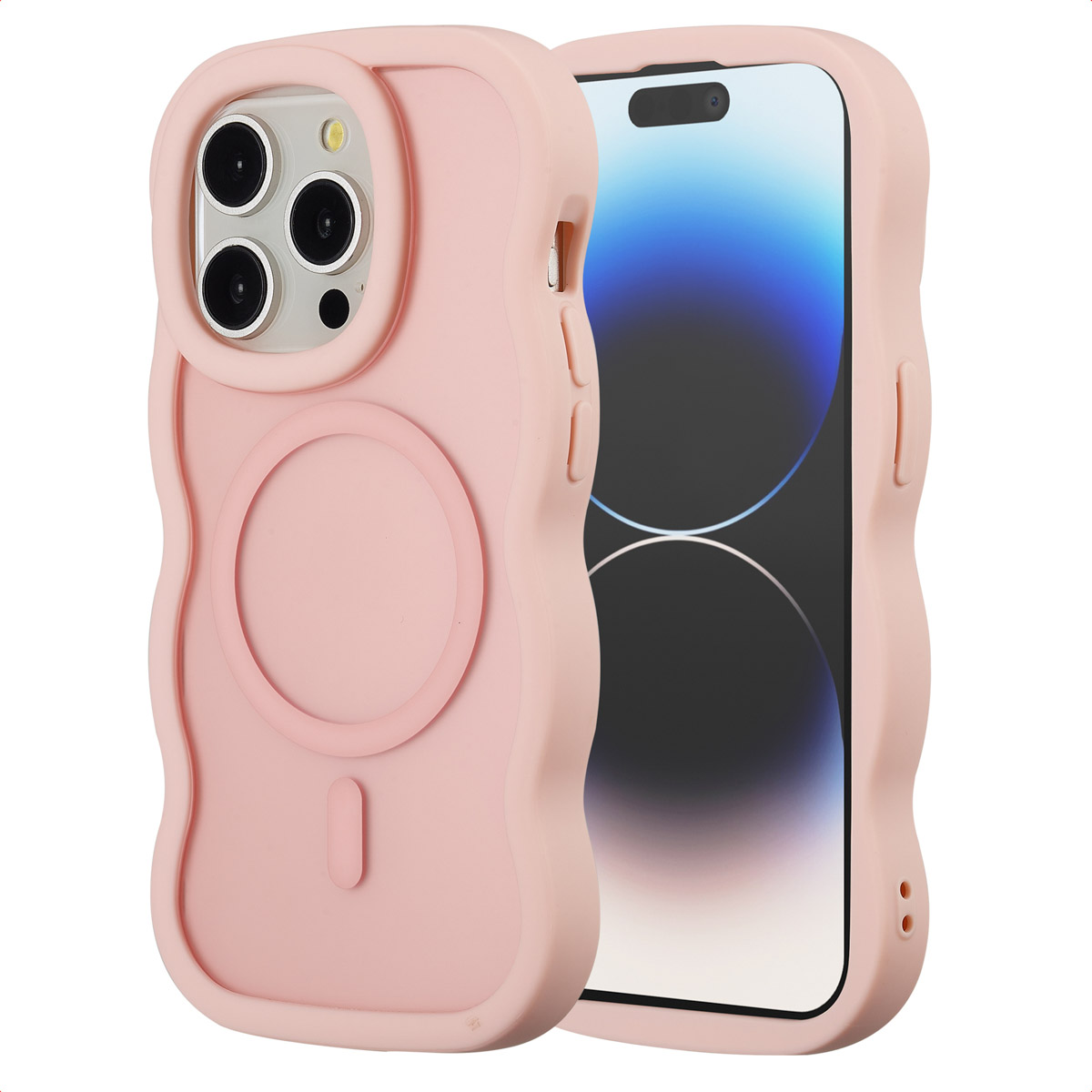 Deux étuis de téléphone roses, un avec un téléphone à l'intérieur. L'étui a des bords arrondis et une zone surélevée pour l'appareil photo.