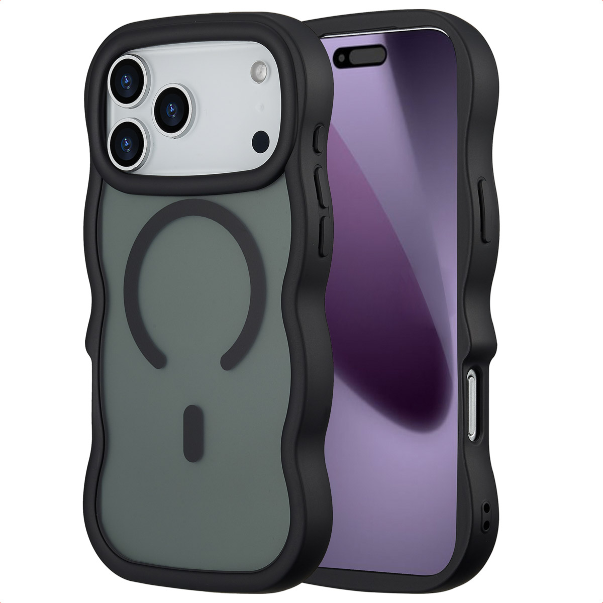 Coque de téléphone noire avec dos vert, écran visible. Le boîtier a un design de bord ondulé et des découpes pour l'appareil photo.