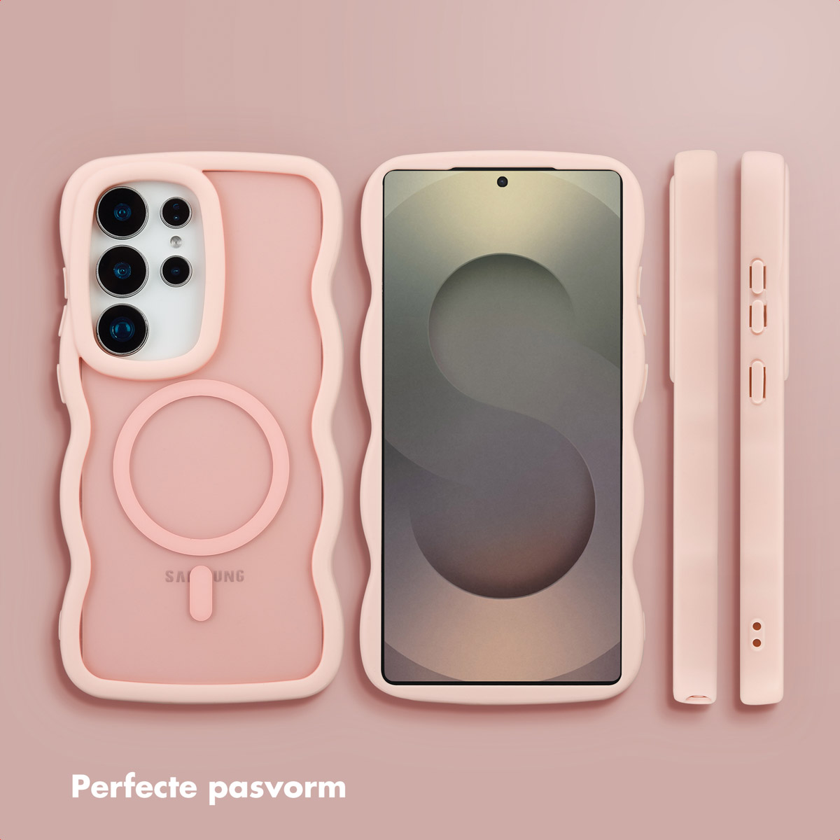 Coque de téléphone rose aux bords ondulés, trois vues : avant, écran et côté. Logo Samsung visible. Texte 'Ajustement parfait'.