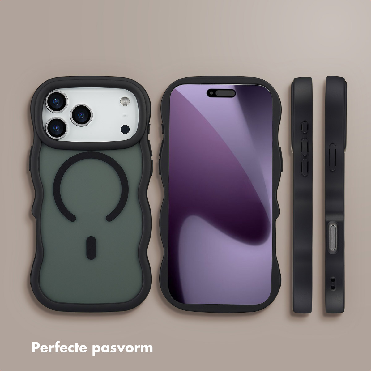Trois coques de téléphone d'affilée, cadres noirs et dos vert, violet et noir. Les deux derniers sont les côtés du téléphone.
