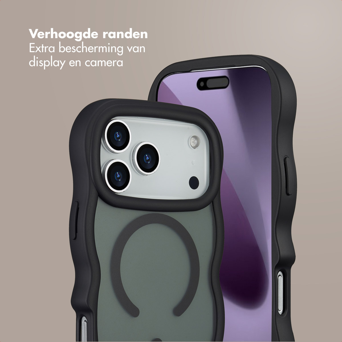 Gros plan d'un téléphone dans un étui. L'étui est noir et possède des bords surélevés pour protéger l'écran et l'appareil photo.