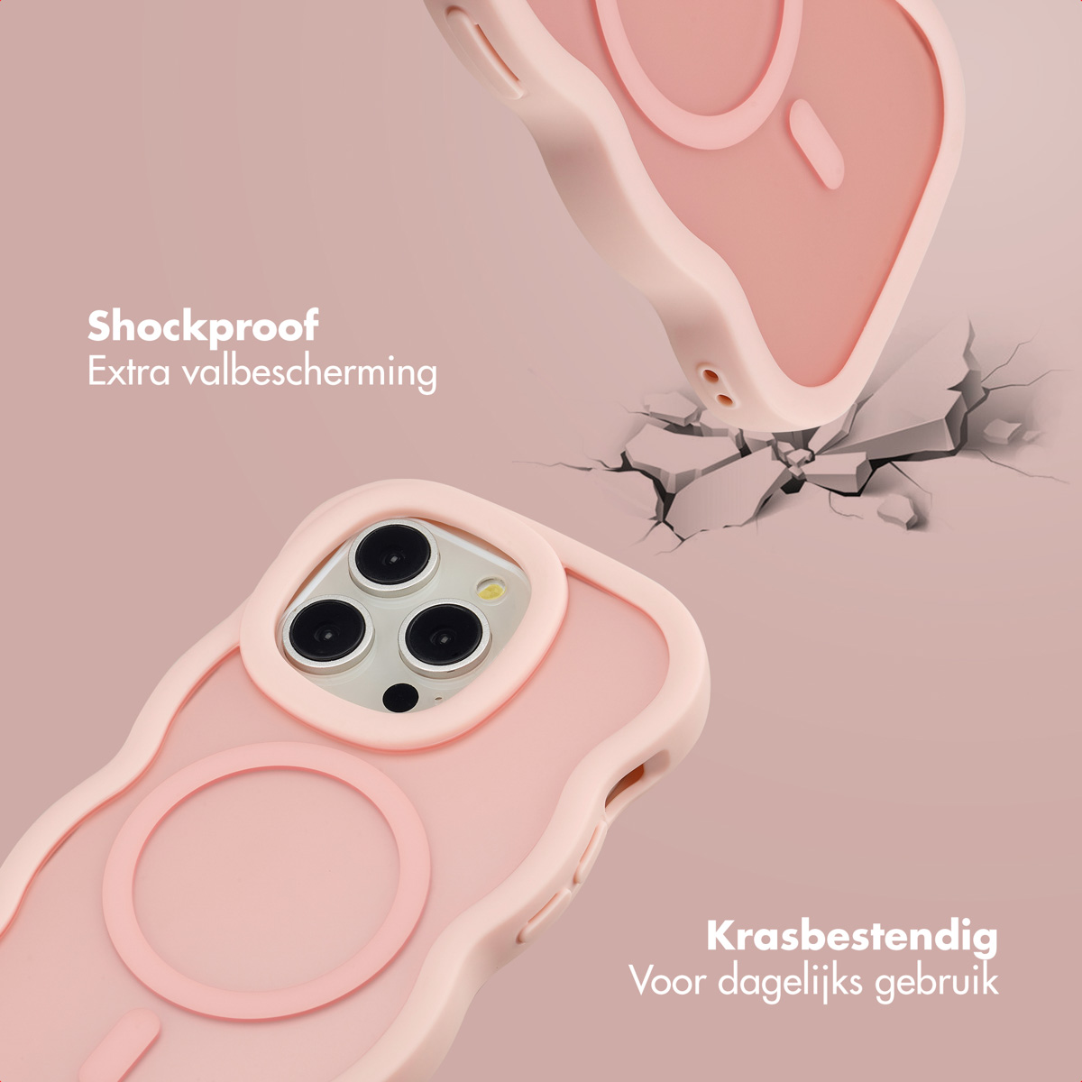 Custodia rosa per telefono con effetto caduta. La custodia è antiurto e antigraffio. Lo sfondo è un gradiente di rosa.