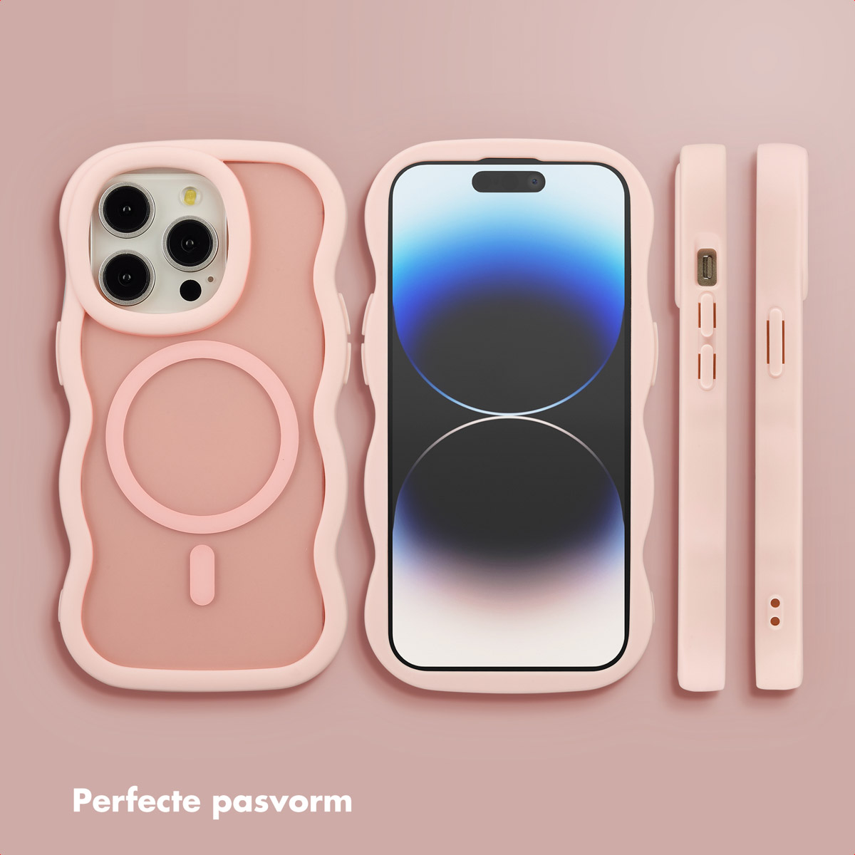 Des coques de téléphone roses et un téléphone sur fond rose. Les coques ont des bords ondulés, montrant l'appareil photo et les ports de charge. Le téléphone affiche un dégradé bleu.