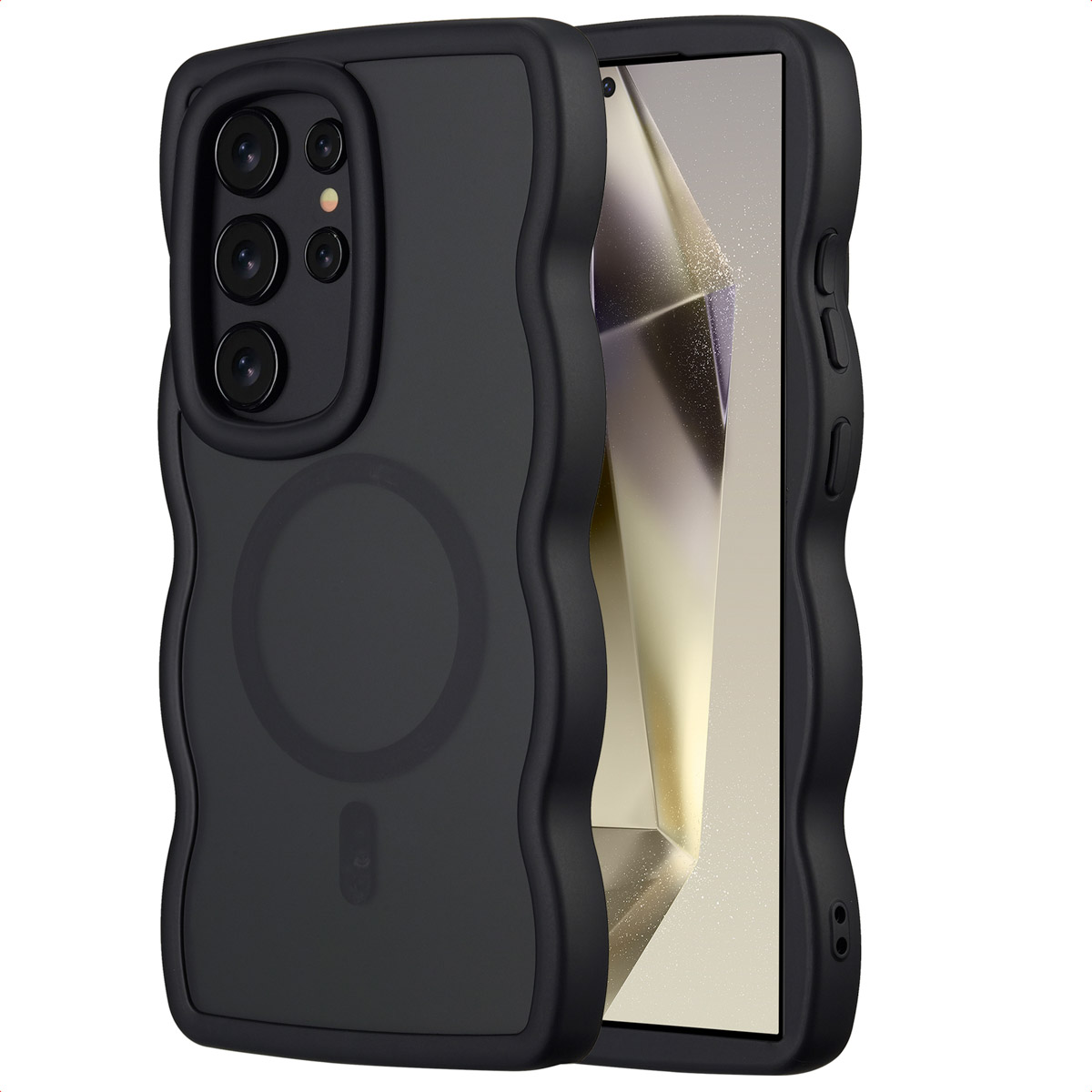 Een zwarte telefoonhoes met een golvend ontwerp. Het heeft meerdere cameralenzen en een transparante achterkant, die het scherm laat zien.