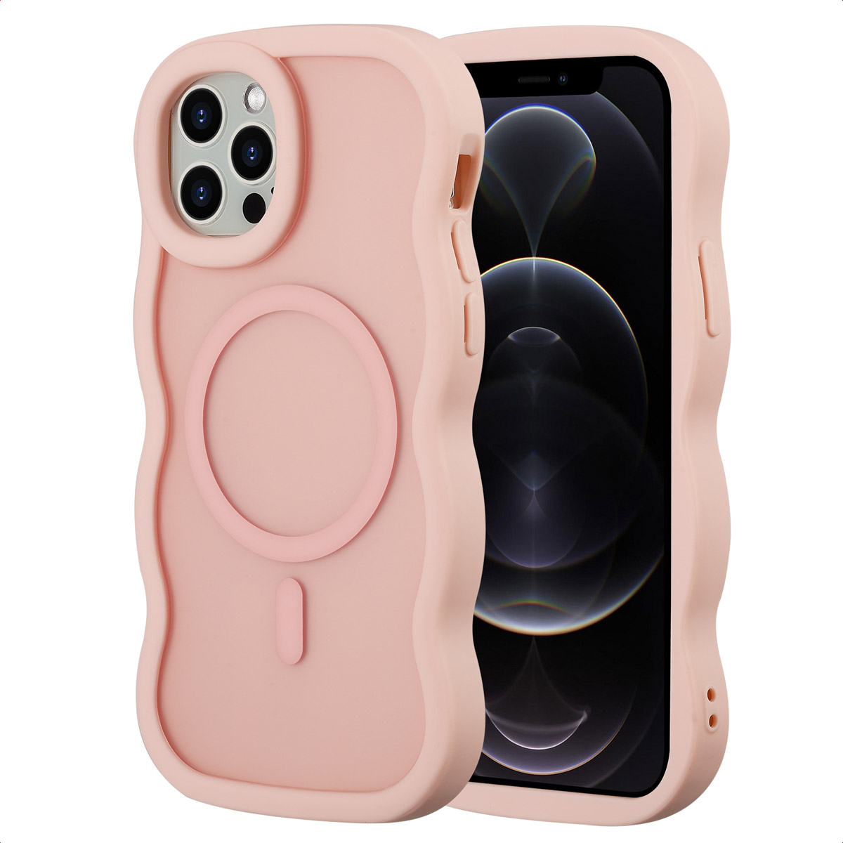 Een roze telefoonhoesje met een golvende rand houdt een zwarte iPhone vast. De hoes heeft een cirkelvormig magnetisch oplaadgedeelte.