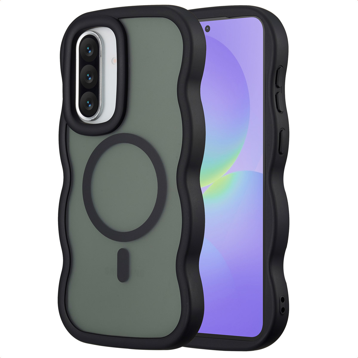 Ein Telefon in einer schwarz-grünen Hülle wird gezeigt. Die Hülle hat einen welligen Rand und einen Magnetkreis auf der Rückseite. Der Bildschirm zeigt ein verschwommenes Bild.