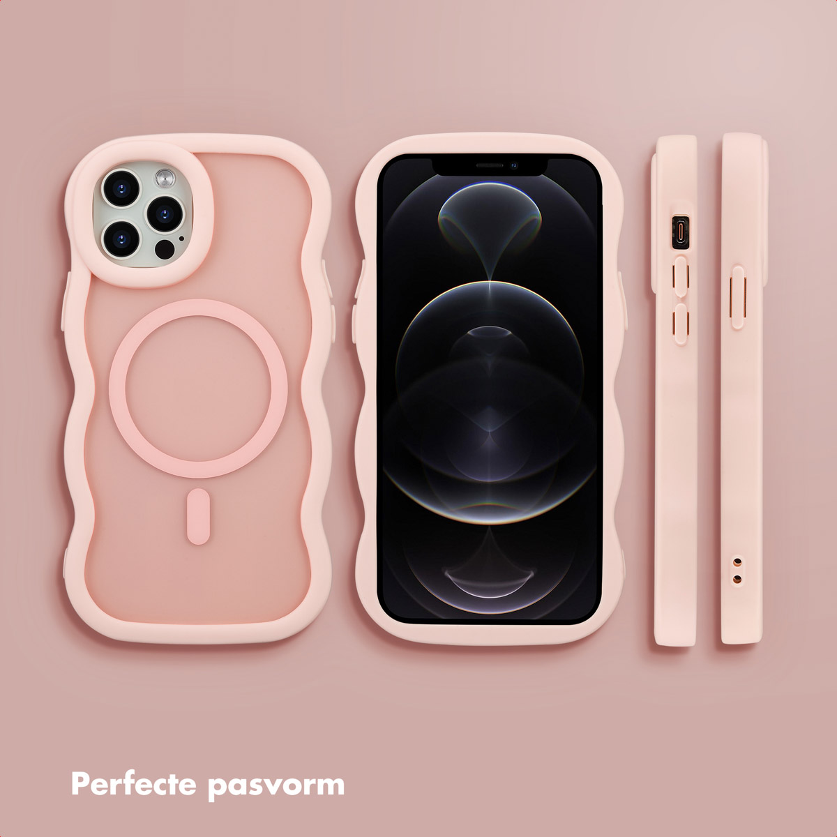 Een roze iPhone hoesje met golvende randen en een bijpassende telefoon. De hoes wordt vanuit verschillende hoeken getoond.