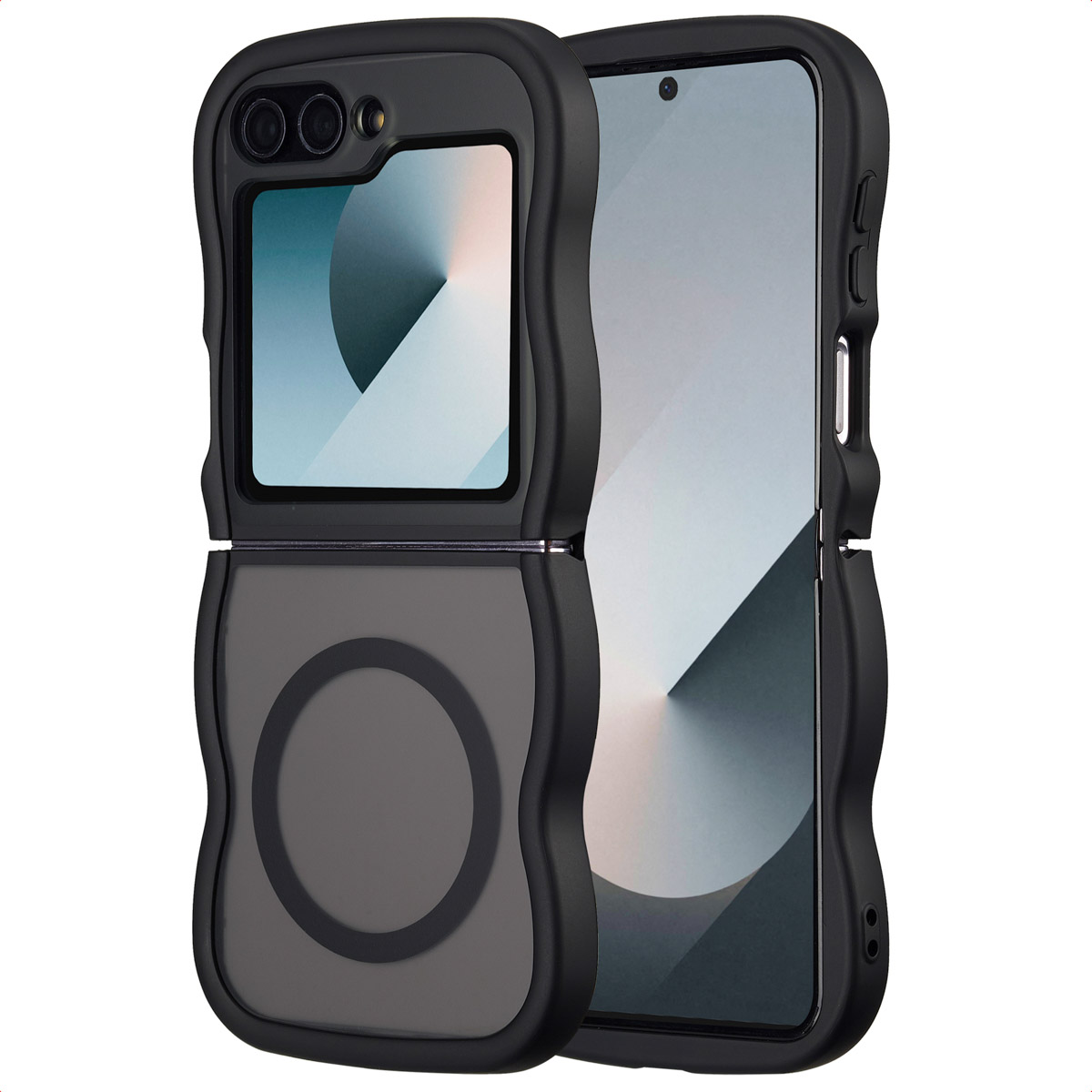 Un étui de téléphone noir pour un téléphone pliable, ouvert. Il a un dos gris foncé avec un design circulaire et un écran clair.