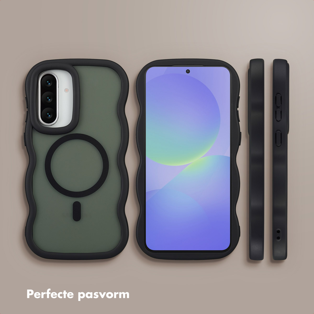 Das Bild zeigt zerlegte Telefonhüllen mit einem Telefon. Olivgrüne und schwarze Hüllen und ein Telefon mit Farbverlauf-Hintergrund werden angezeigt.