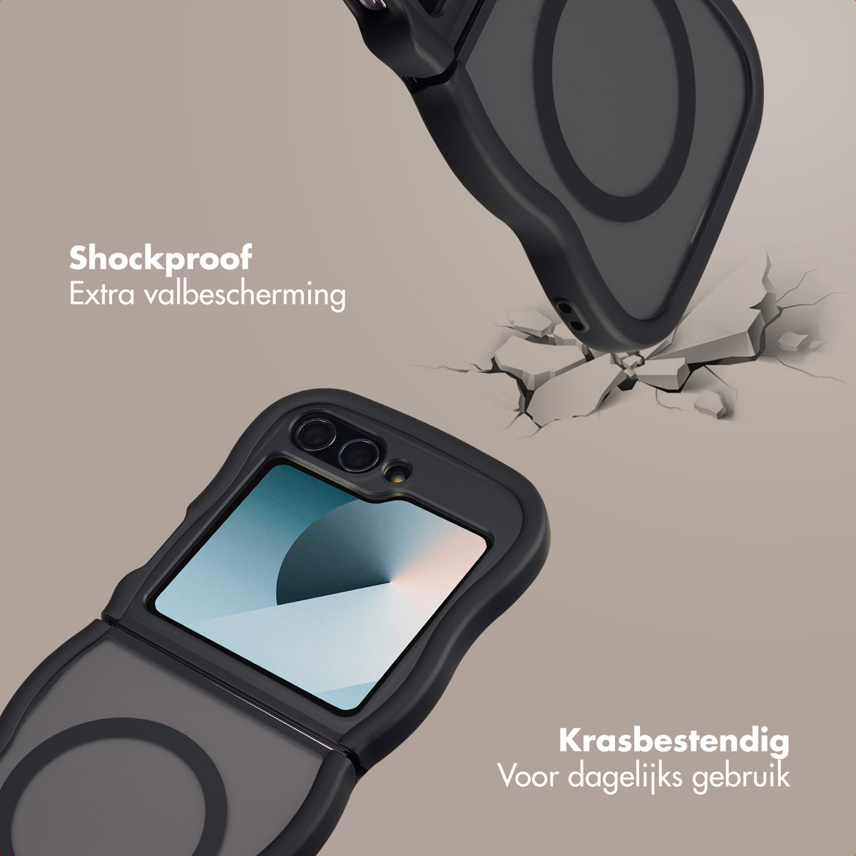 Coque de téléphone noire en deux parties, l'une tombant sur une surface fissurée. Texte : Antichoc. Résistant aux rayures.