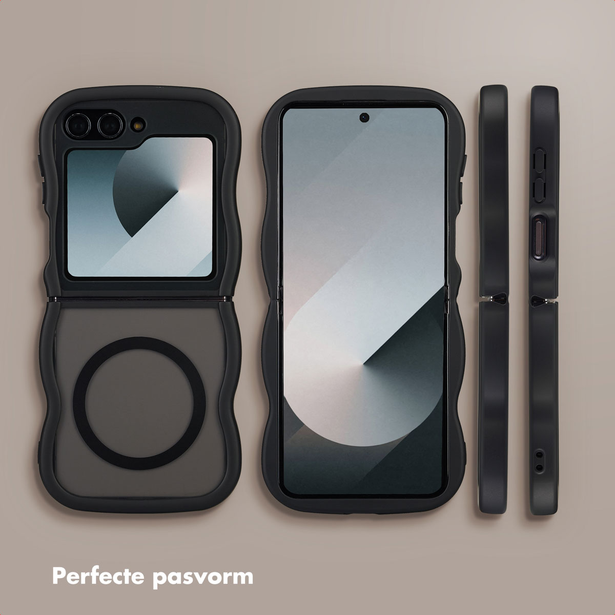 Étuis de téléphone noirs disposés, montrant les vues avant, arrière et latérales. Le fond est de couleur marron clair. Le design du téléphone est visible.