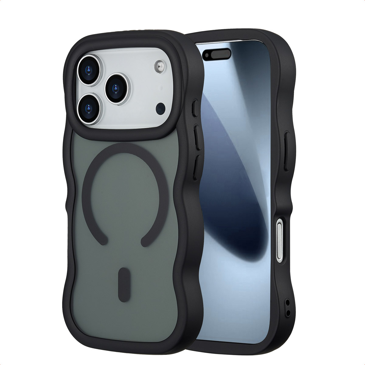 Zwarte telefoonhoes met een grijze achterkant. Het heeft een camerabobbel, een schermbeschermer en knoppen.
