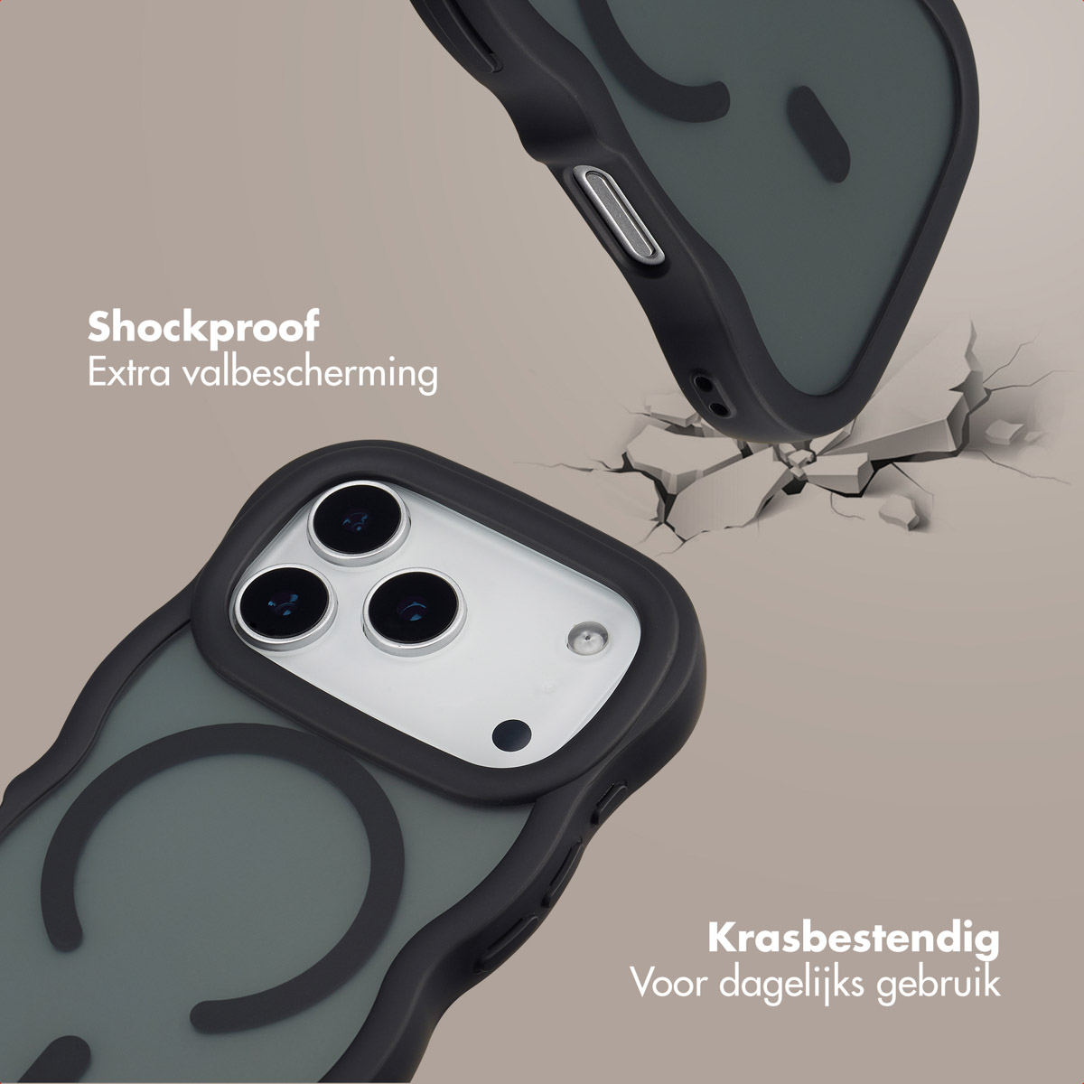 Due custodie nere per telefono con interno verde, una che cade, crepe sulla superficie, il testo dice 'Antishock' e 'Resistente ai graffi'.