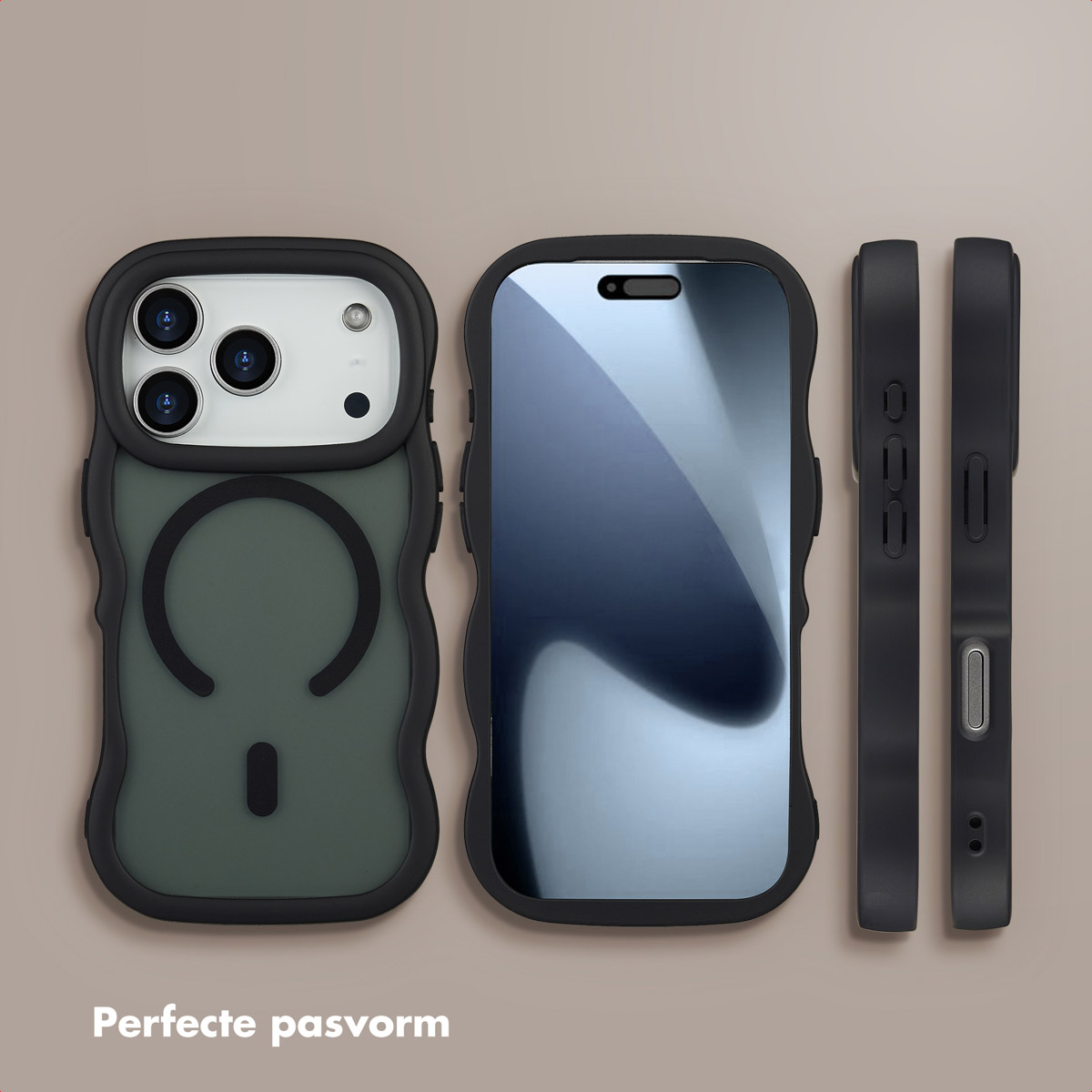 Zwarte telefoonhoes met camera-uitsparingen, scherm en zijknoppen, weergegeven op een beige oppervlak.