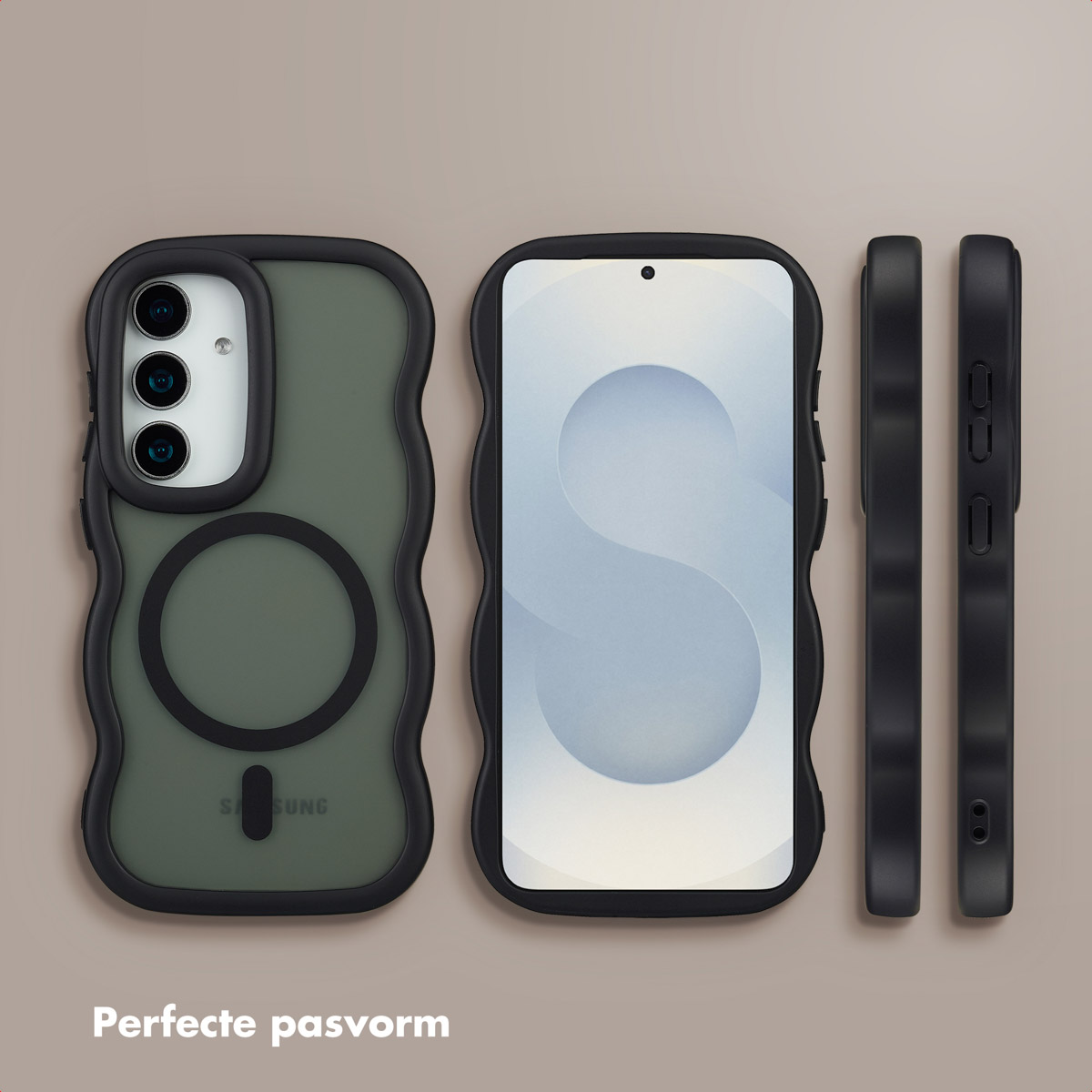 Un telefono e custodie. Il telefono mostra uno schermo bianco con una forma. Le custodie sono nere e verdi. Lo sfondo è marrone chiaro.