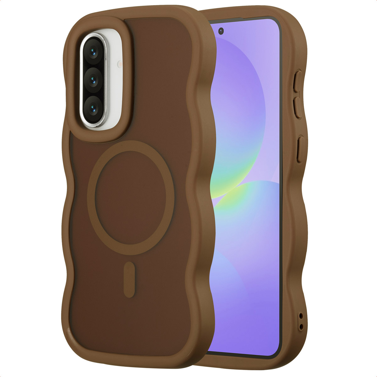 Eine braune Handyhülle mit gewelltem Rand und einem Telefon darin. Die Hülle hat einen Magnetring. Der Bildschirm zeigt einen lila Hintergrund.