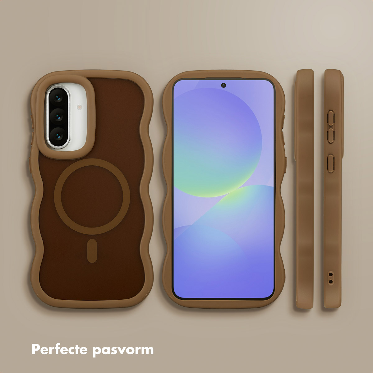 Handyhüllen in Braun und Beige. Eines zeigt den Telefonbildschirm, die anderen Seiten- und Rückseiten.