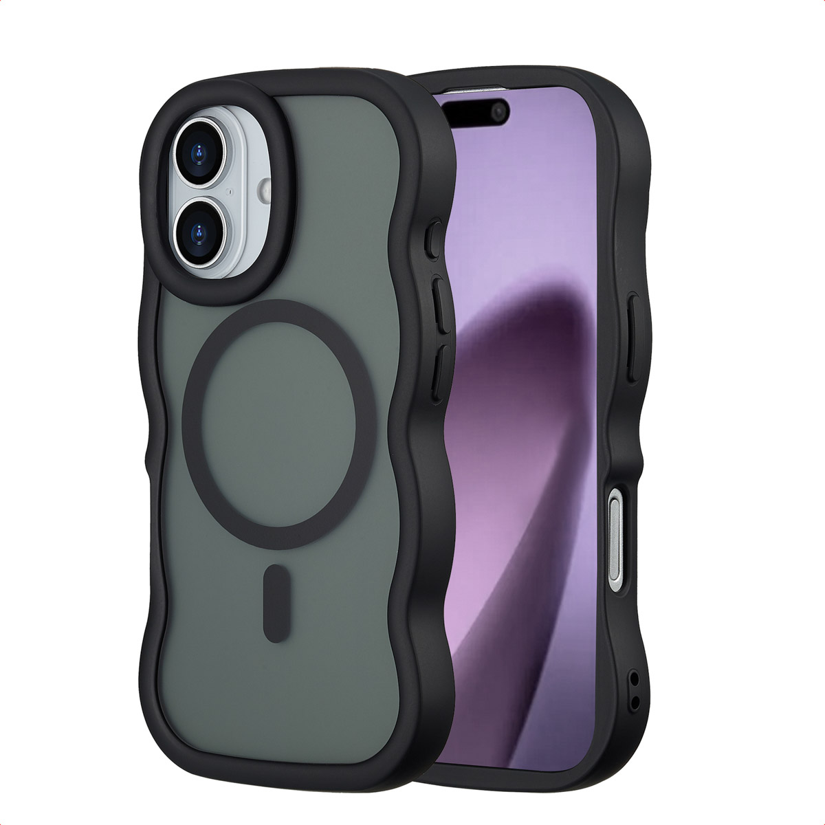 Een iPhone met een beschermhoesje. De hoes is zwart en grijs. Het telefoonscherm is zichtbaar. De hoes heeft een magnetische ring aan de achterkant.