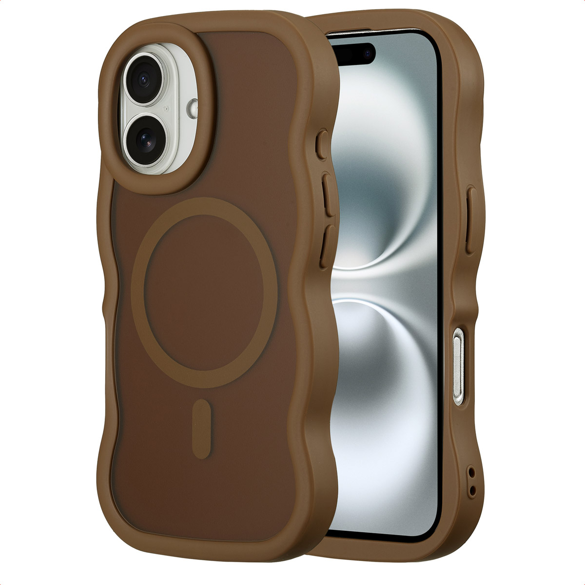 Una custodia marrone con un telefono all'interno, che mostra lo schermo. La custodia ha un design ondulato e fori per la fotocamera.