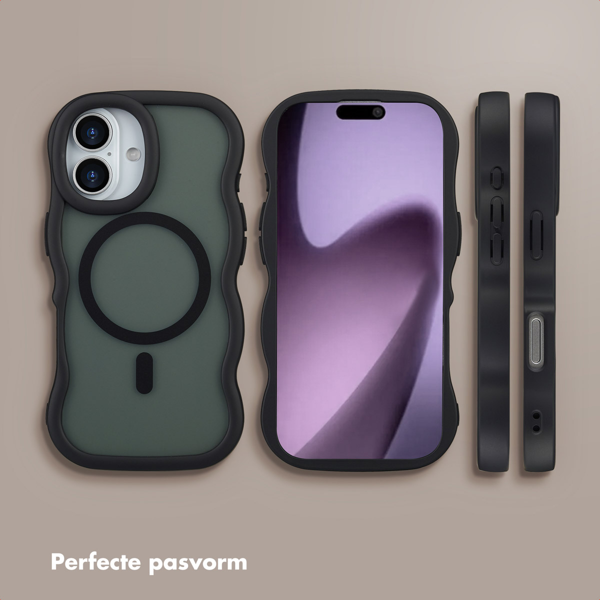 Drie telefoonhoesjes en een schermbeschermer. De hoesjes zijn zwart en groen. De beschermer heeft een paarse tint.