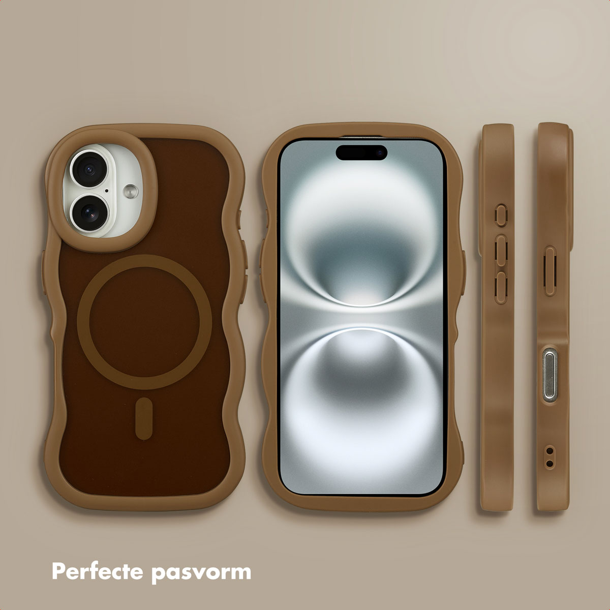 L'immagine mostra una custodia per telefono in tre parti: vista anteriore, posteriore e laterale. È marrone con un contorno ondulato e un bordo marrone chiaro.