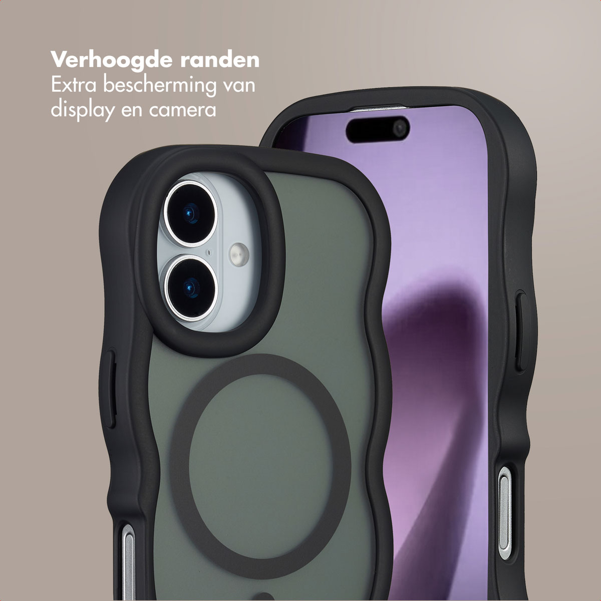 Twee smartphones in beschermende hoesjes worden getoond. Eén is groen, de andere paars. Beide hebben zwarte randen, die bescherming tonen.