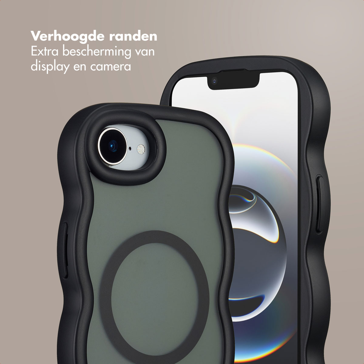 Zwei Smartphones in Schutzhüllen. Eines vorne, mit Kamera und grünem Rücken, das andere mit schwarzem Gehäuse, beide mit erhöhten Rändern.