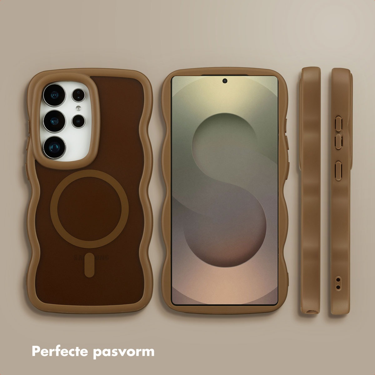 Trois coques de téléphone sont présentées: une montrant l'arrière avec l'appareil photo, une montrant l'écran et deux montrant des vues latérales. Toutes sont marron.