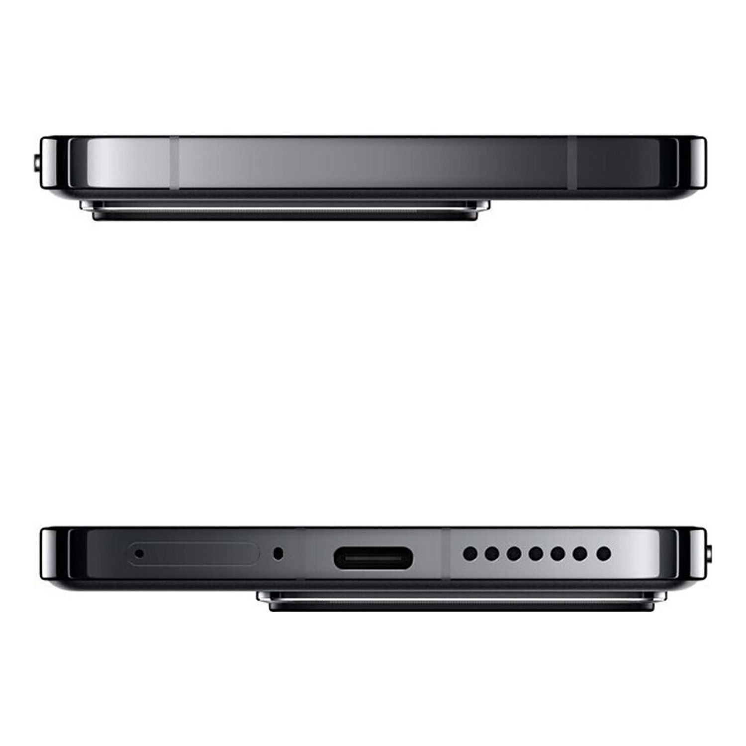 Dwa widoki czarnego smartfona. Widok z góry pokazuje bok; widok z dołu krawędź dolną z portami i otworami.