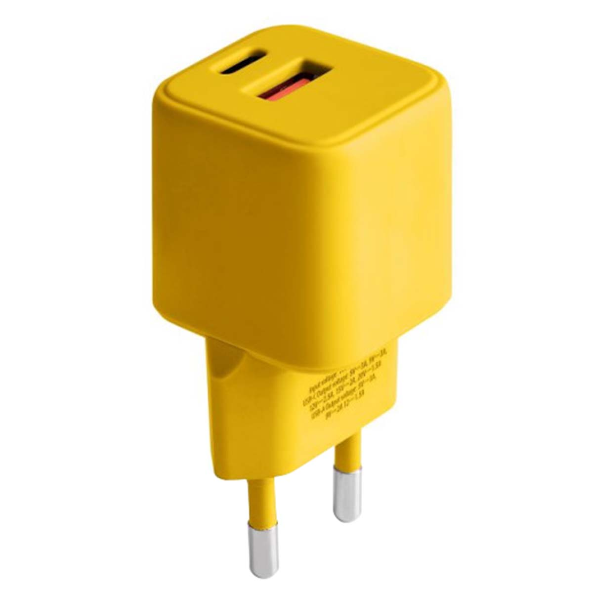 Un chargeur USB jaune avec deux broches, un port USB et un petit insert rouge est présenté sur fond blanc.