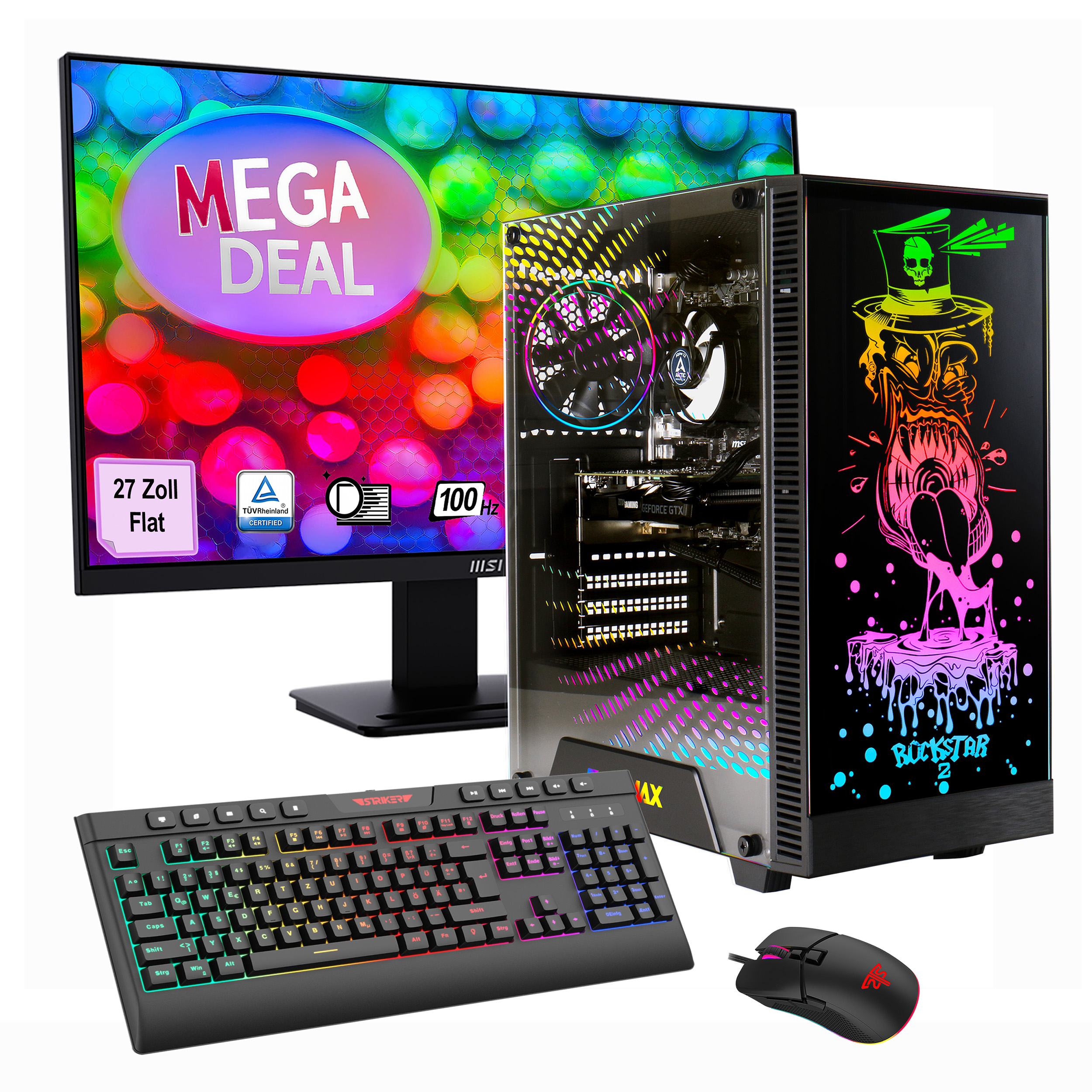 Computer-Setup mit Monitor mit 'MEGA DEAL', Desktop-PC, Tastatur und Maus.