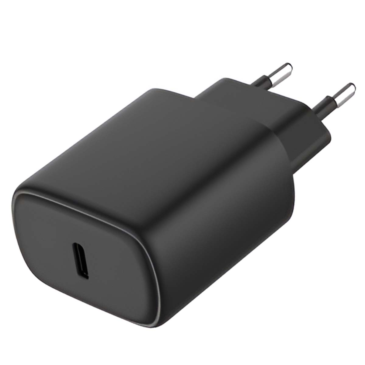 Un caricatore USB-C nero con due spine su sfondo bianco. Il caricatore è rettangolare con bordi arrotondati.