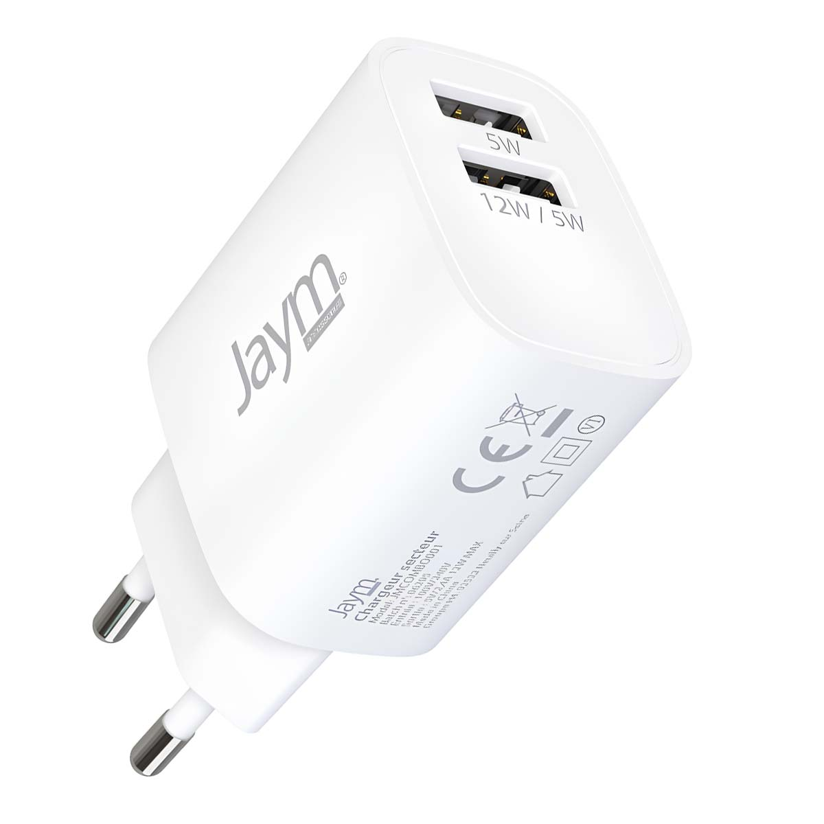 Un caricatore da muro bianco marca Jaym con due porte USB da 5W e 12W/5W. Ha una spina a due poli e vari simboli normativi.