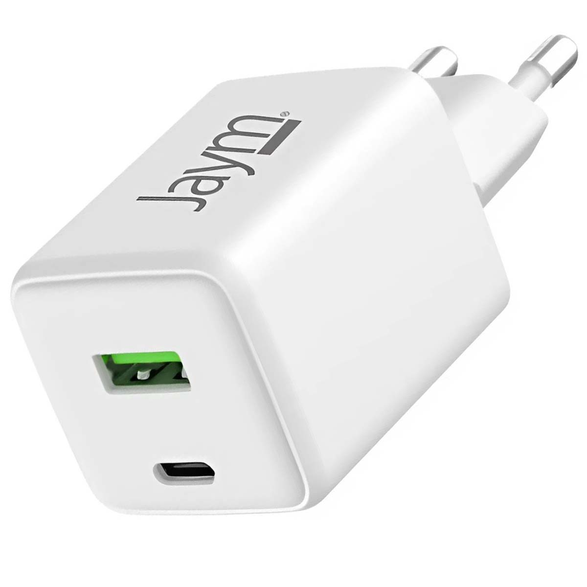Un caricabatterie Jaym bianco con porta USB e due spine. Il caricabatterie ha una porta USB verde e una porta di ricarica nera.