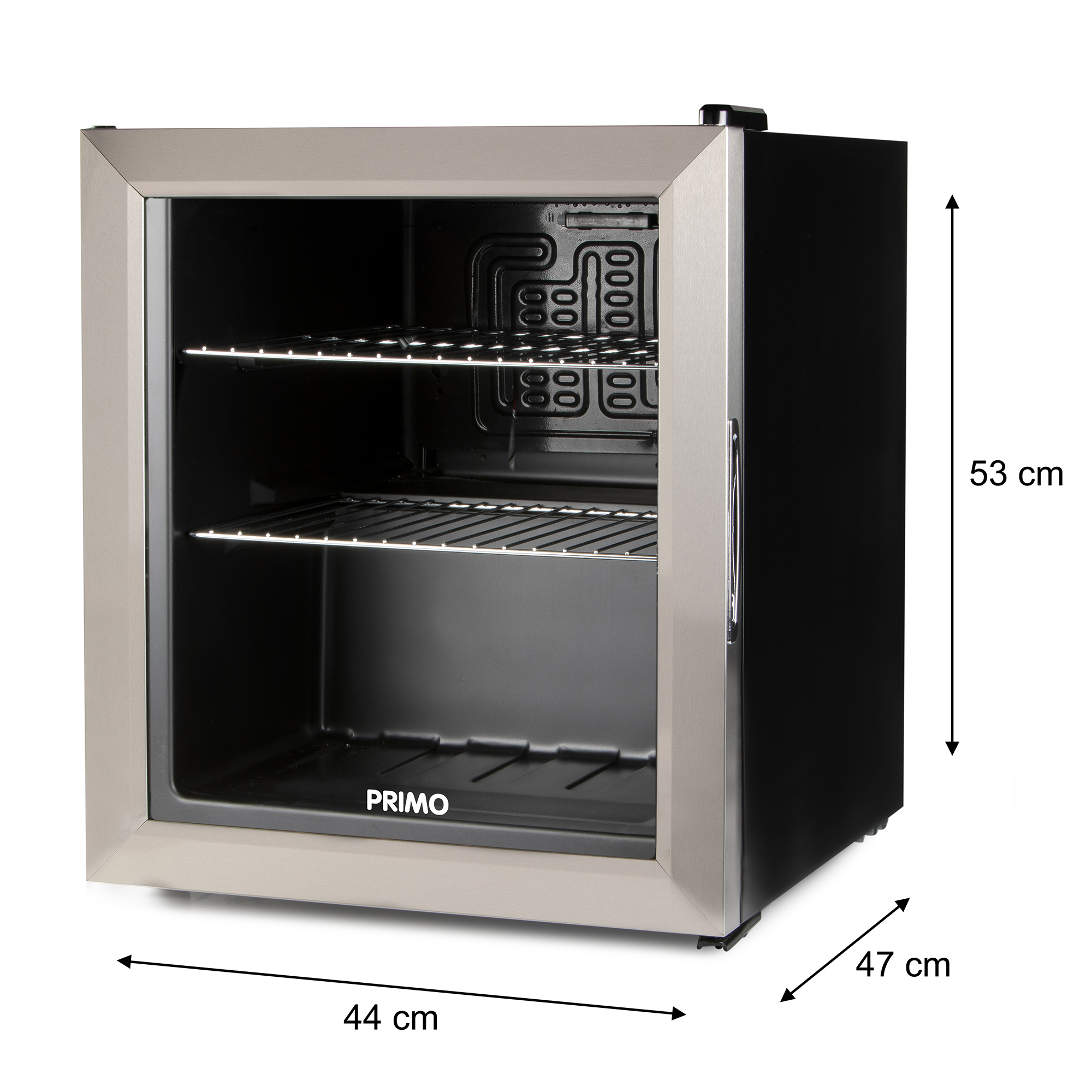 Un petit réfrigérateur Primo avec porte vitrée, deux étagères et dimensions : 44 cm de large, 47 cm de profondeur et 53 cm de haut.