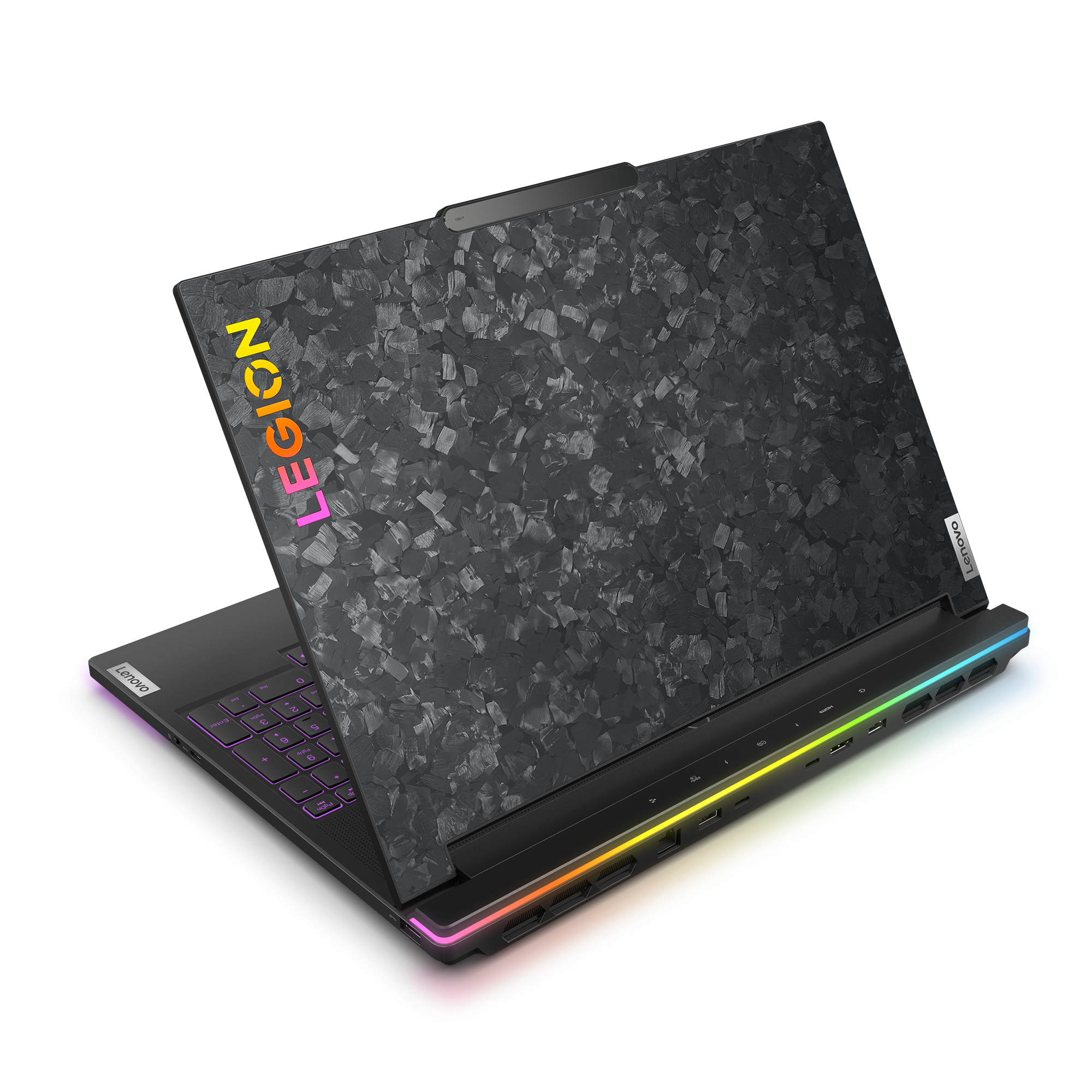 Laptop Lenovo Legion nero, aperto. Il coperchio ha un motivo strutturato. La tastiera è illuminata. La parola LEGION è visibile.
