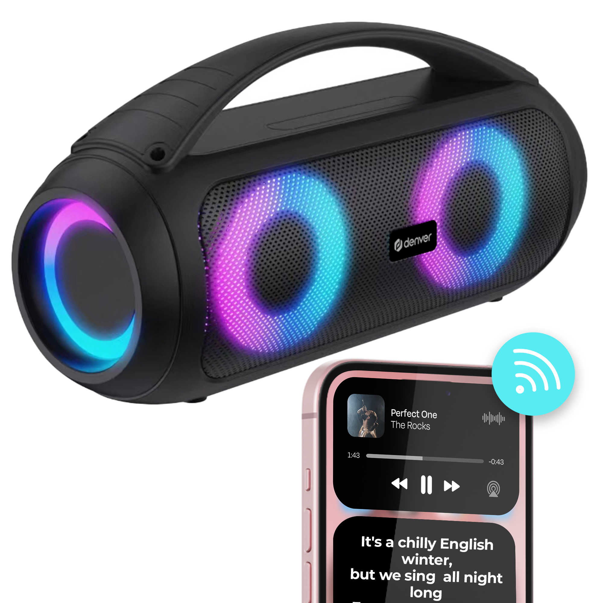 Zwarte luidspreker met kleurrijke lichten en een telefoon die muziek afspeelt. Toont songtitel en tekst.