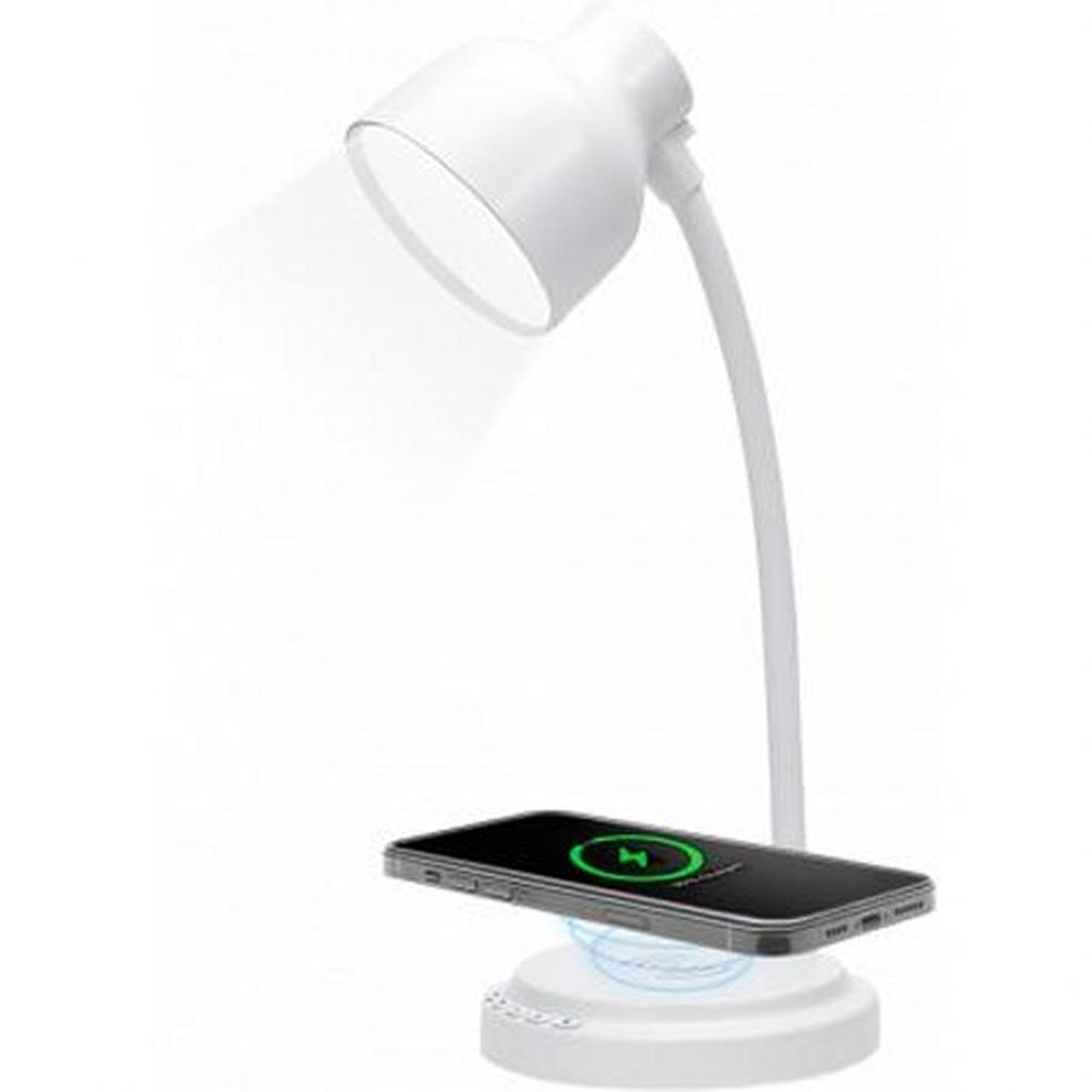 Eine weiße Schreibtischlampe mit einem Telefon auf dem Sockel, das kabellos geladen wird. Der Telefonbildschirm zeigt ein Ladesymbol.